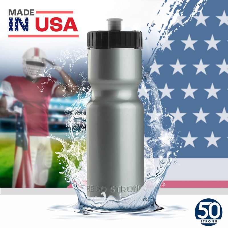 50 Strong Sports Water Bottles 2-Pack â€“ Reusable 22 oz BPA-Free Plastic Bottles with Pull Top Cap â€“ Made in USA â€“ Top Rack Dishwasher Safe â€“ Fits Most Bike Cages Brand - Silver - Image 5